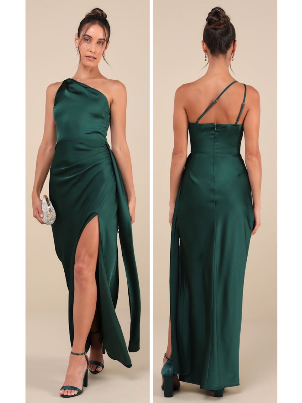 Lulus Signature Elegance Emerald Satin One-Shoulder Maxi Dress Size Large Formal